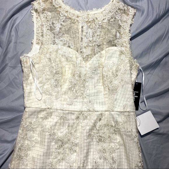 Lulu’s White Floral Embroidered Sheer/White Underlay Formal Mini Dress NWT L - Picture 9 of 14